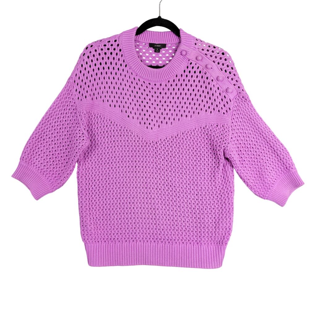 J CREW AK177 Pink Open Crochet 100% Cotton Elbow Sleeve Sweater SIZE SMALL